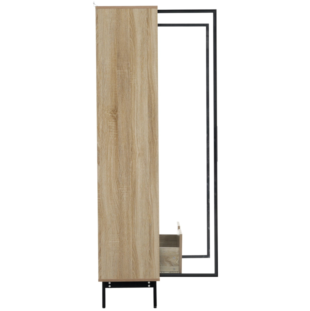 Mobile alto con porta in vetro, ripiani in vetro regolabili in altezza e cassetto, piedi in metallo, design a onde, per soggiorno, camera e corridoio