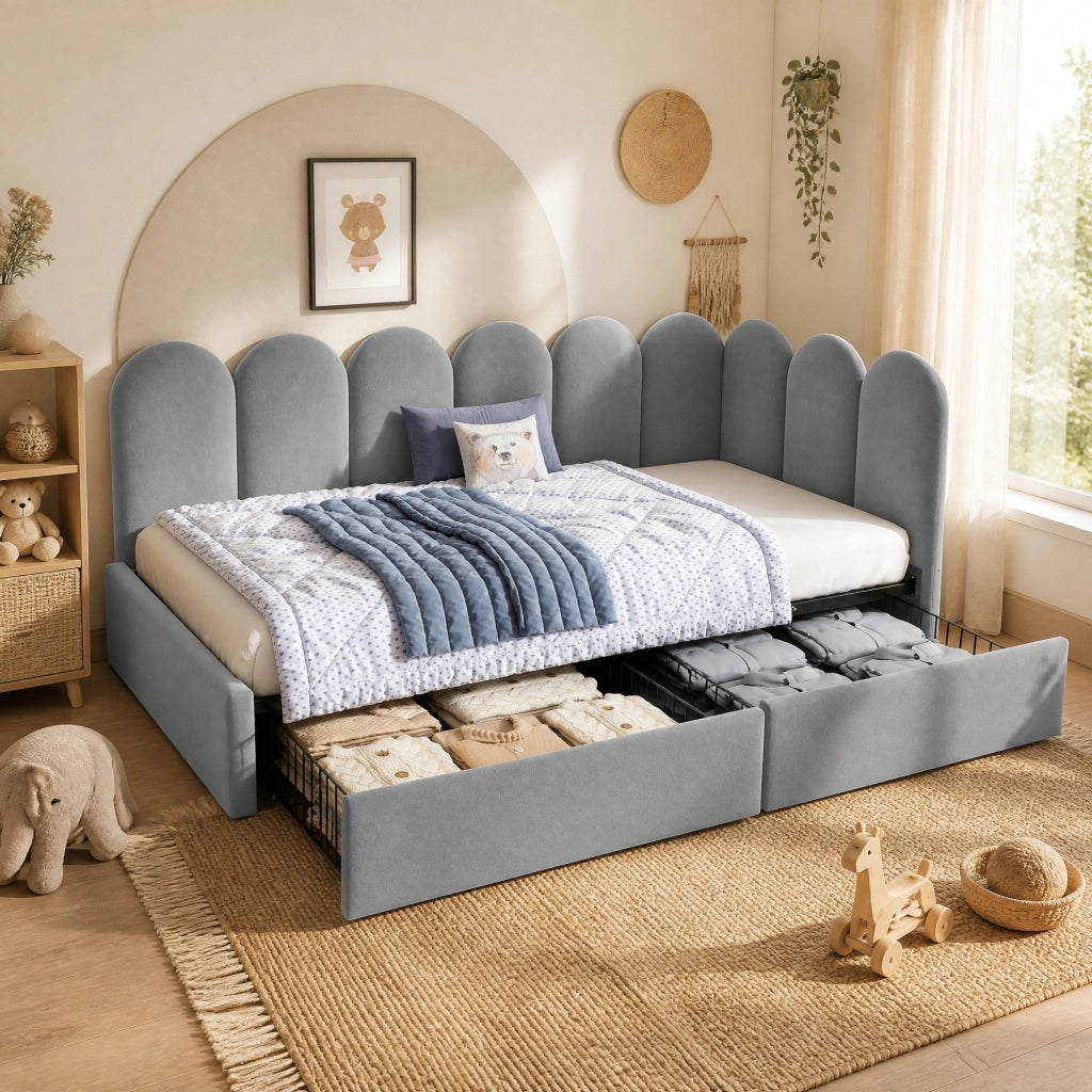 Letto imbottito con 2 cassetti, struttura L e rivestimento in velluto grigio 90x190 cm