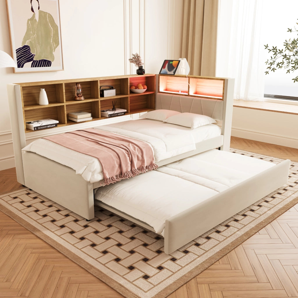 Divano letto 90x200 cm con letto estraibile 90x190 cm; LED; USB e Type-C; flanella beige