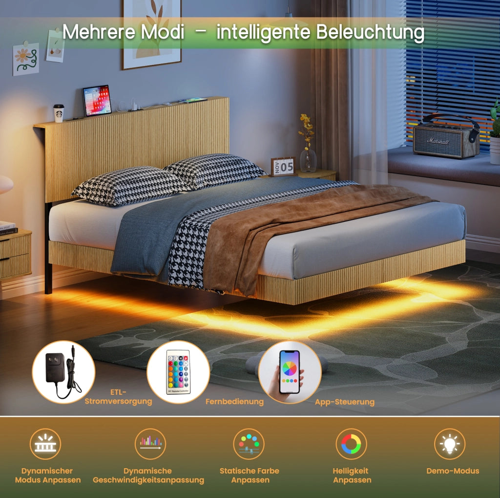 LETTO Fluttuante 210,5x184x99,7 cm Naturale con LED RGB e Presa