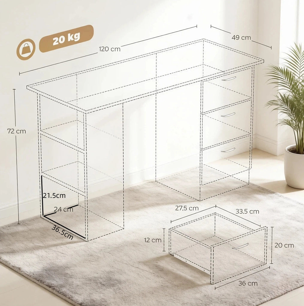 Scrivania per computer in MDF nera 120x49x72 cm con 3 ripiani e 3 cassetti, design modulare