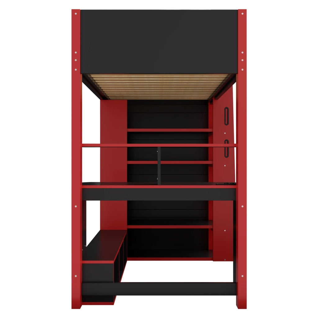 Letto a soppalco in legno 90x200 cm con scrivania, scaffalatura a più livelli, illuminazione LED e scala con contenitore, nero e rosso