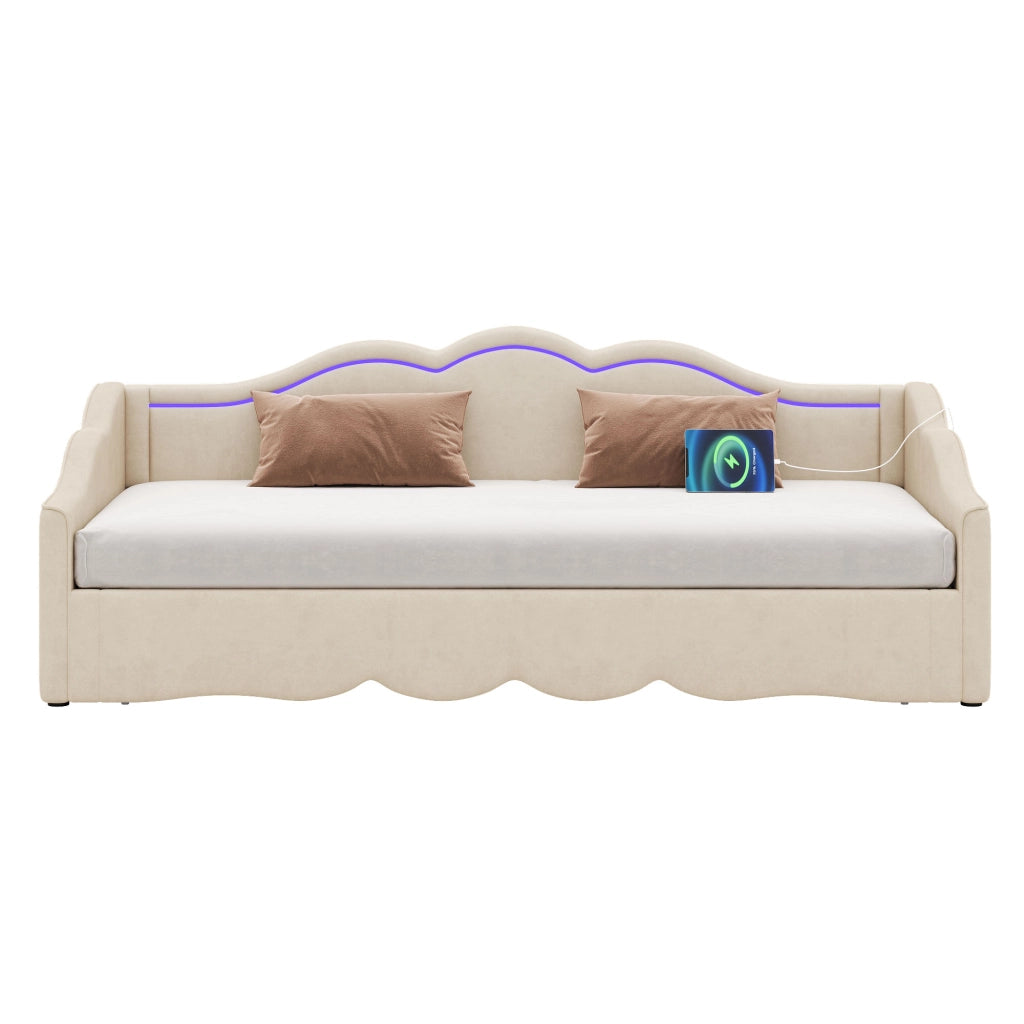 Letto estraibile imbottito 90 × 200 cm estensibile a 180 × 200 cm in velluto beige con LED USB e Type-C