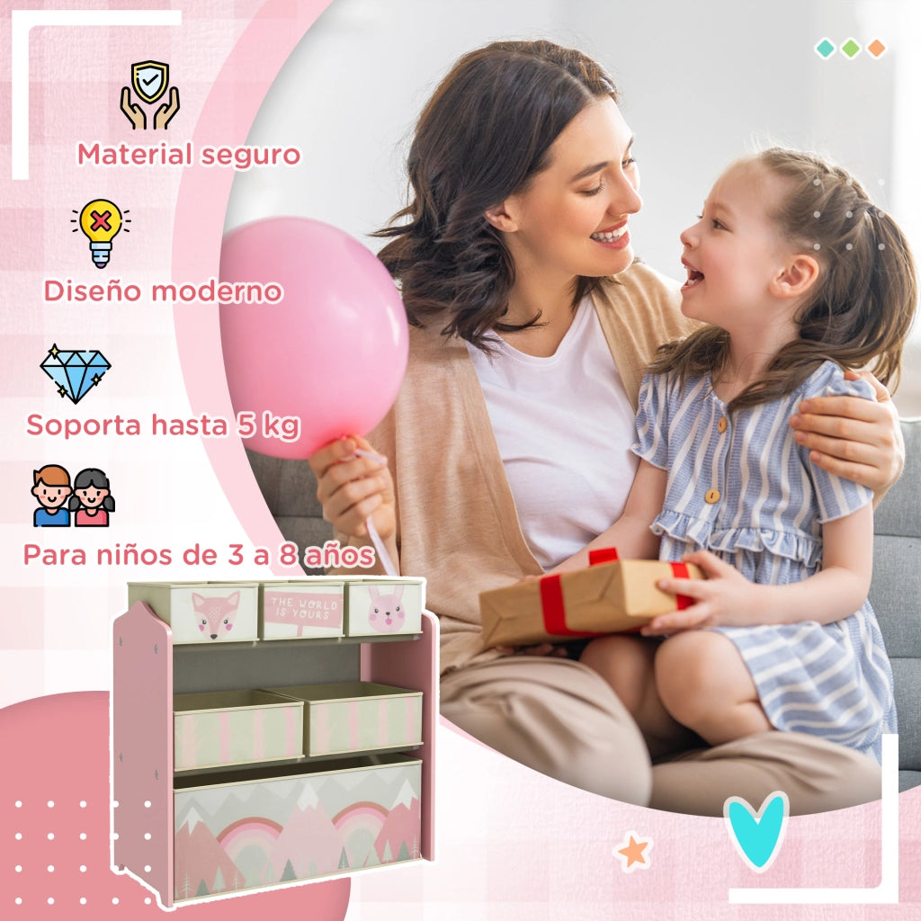 Libreria per bambini con 6 cesti estraibili ¨C zephmum ¨C rosa 63x30x66 cm