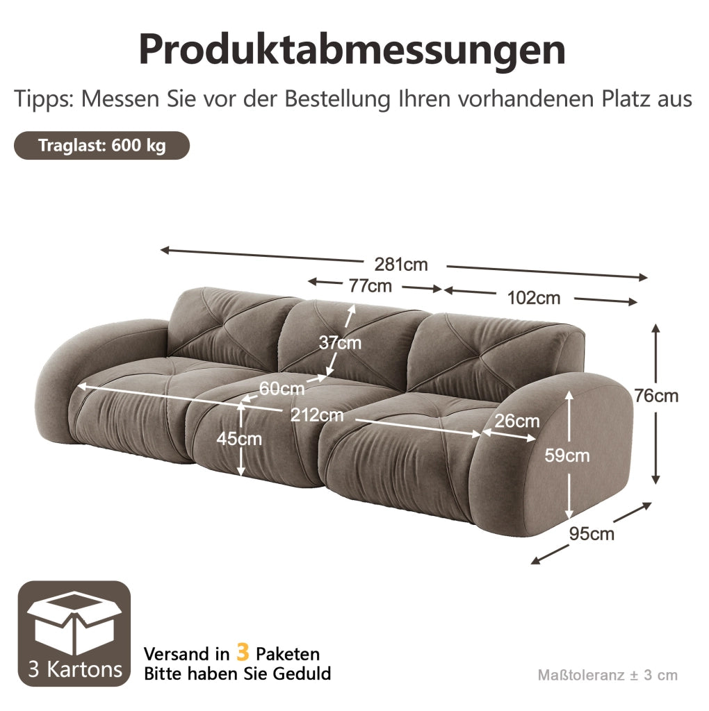 Divano modulare a 3 posti senza telaio in tessuto chenille taupe, design antiscivolo, adatto per soggiorno, senza necessità di montaggio