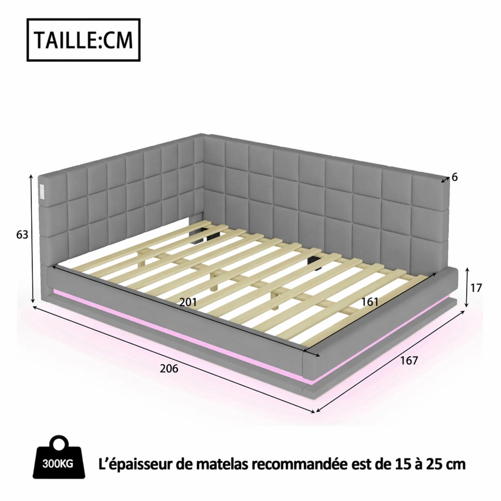 Letto imbottito 160 × 200 cm trasformabile in divano con luci LED USB rete a doghe in lino grigio