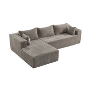 Divano angolare modulare con chaise longue e seduta profonda, senza montaggio, in velluto a coste grigio