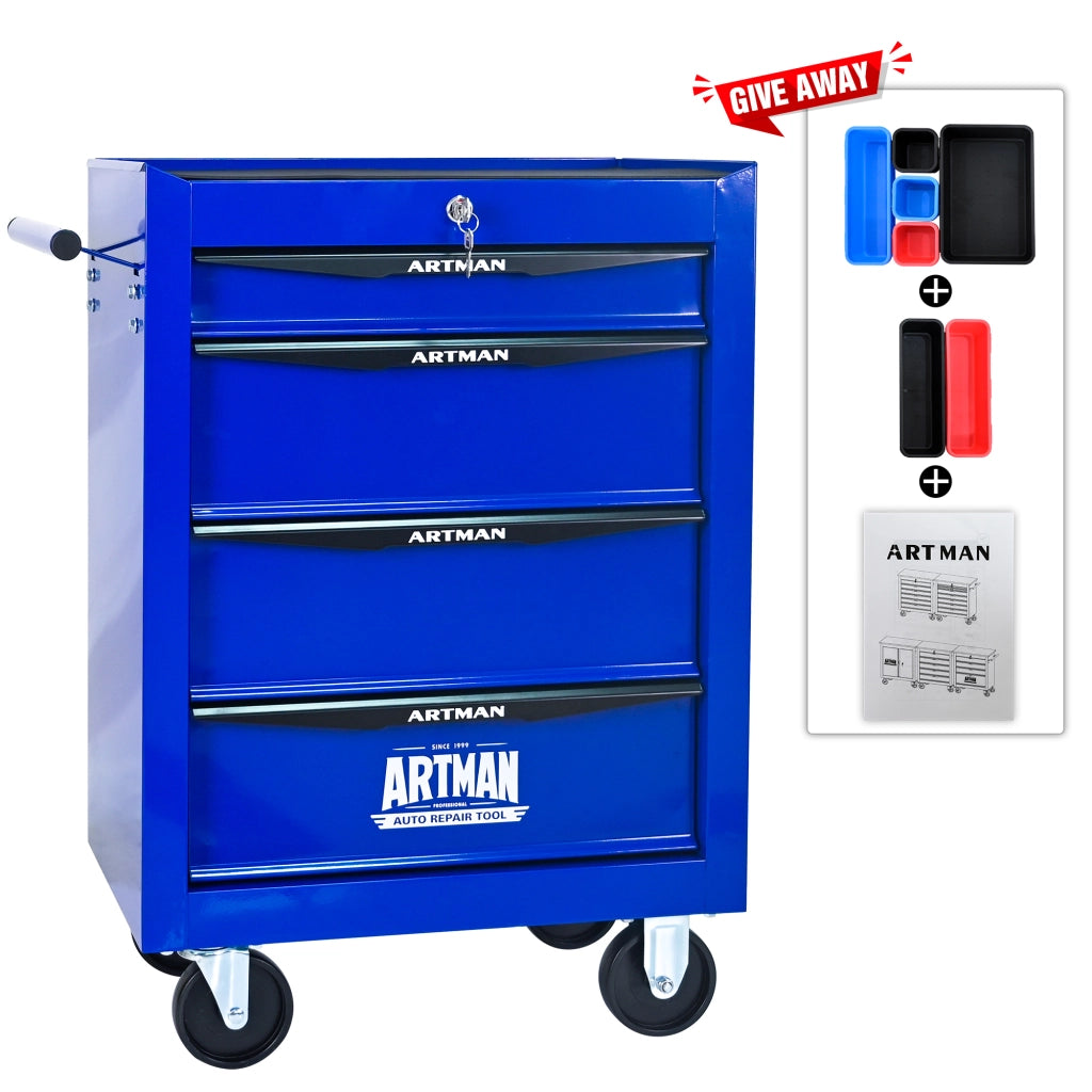 Armadio da officina con 4 cassetti su ruote; guide a sfere; serratura; acciaio verniciato nero e blu