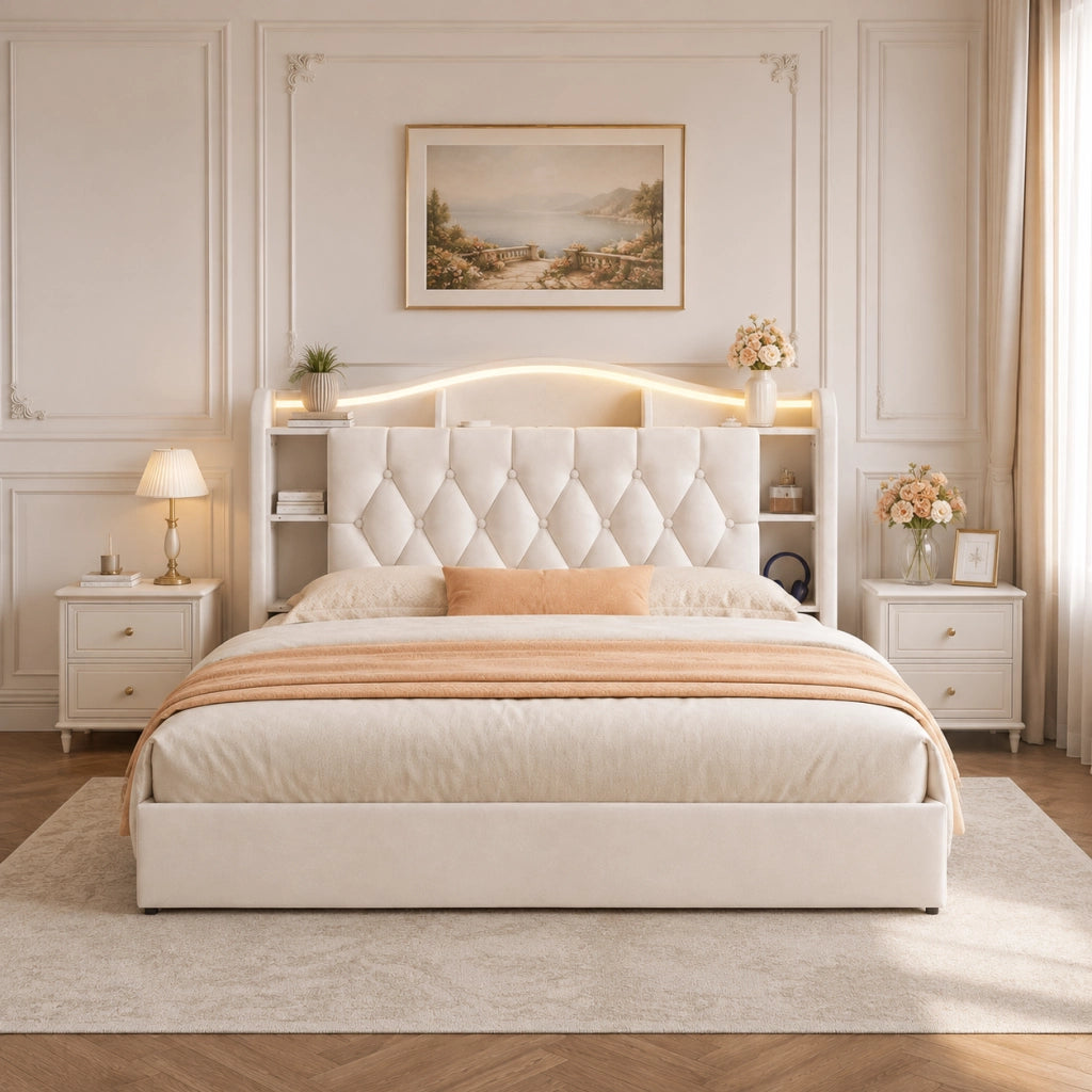 Letto a molle a sollevamento idraulico, testiera velluto beige, con luci LED RGB, stazioni di ricarica USB e wireless, scomparti porta oggetti, 140x190 cm