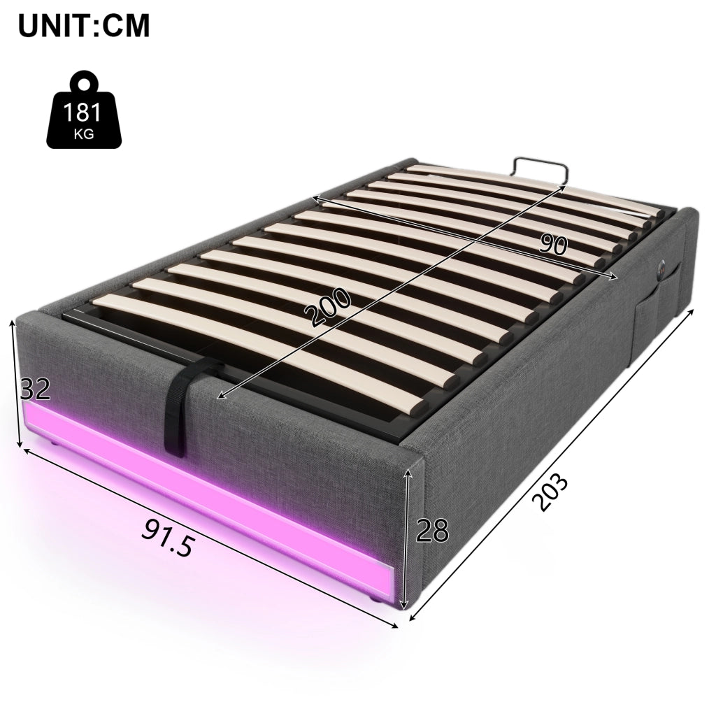 Letto singolo imbottito 90 × 200 cm con contenitore idraulico in lino grigio con LED USB e Type-C