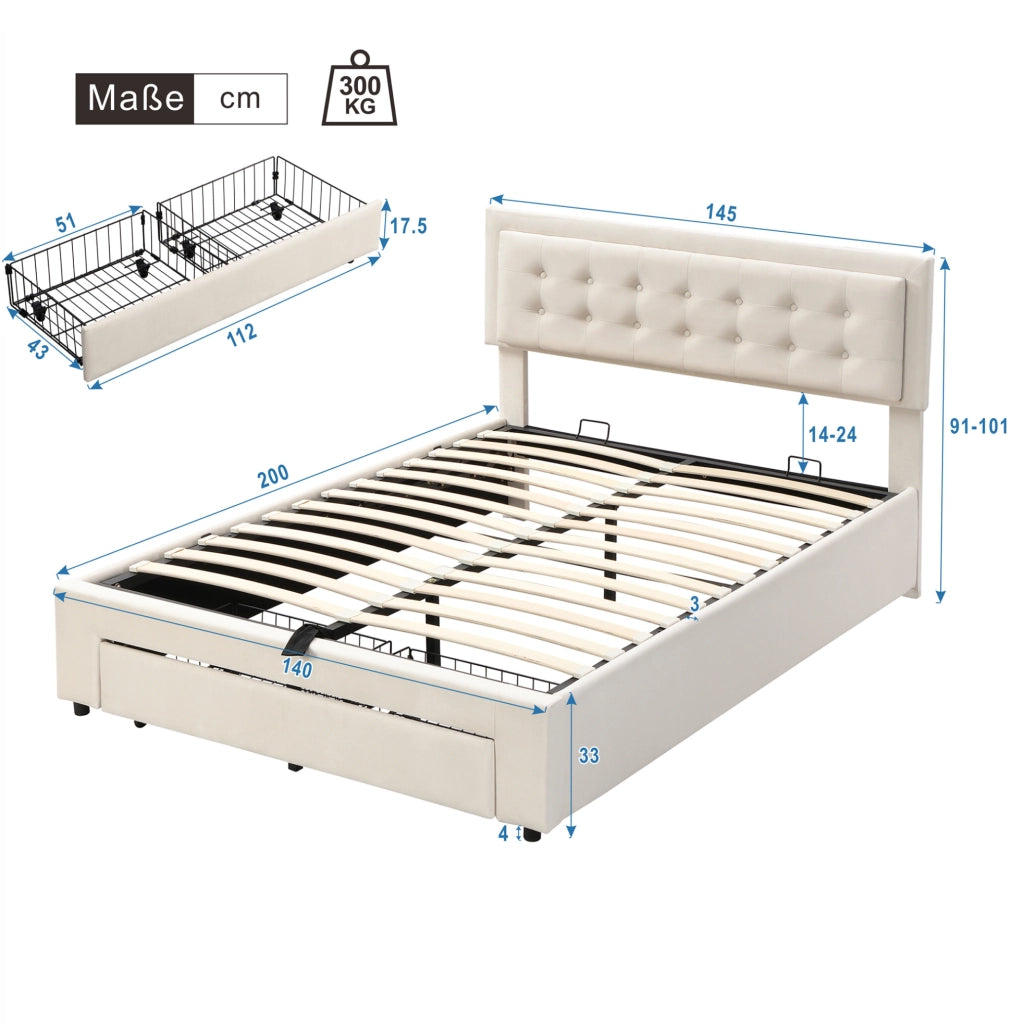 Letto in velluto beige con testiera regolabile e cassetti
