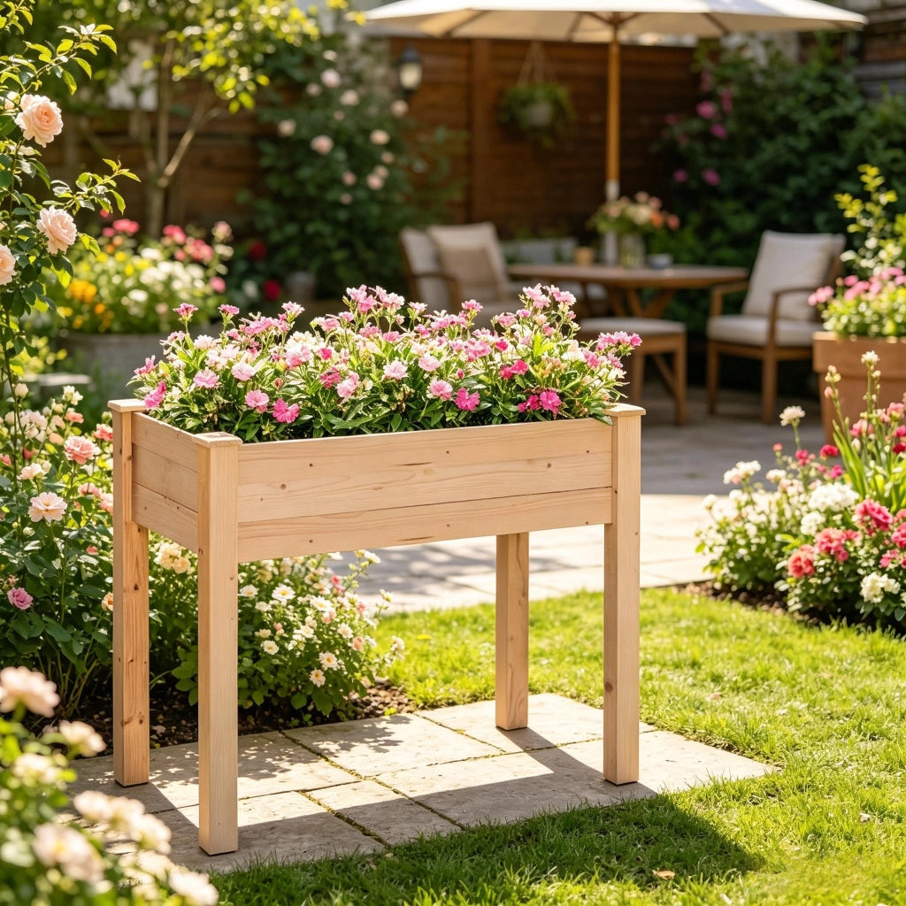 Fioriera rialzata in legno di abete con fodera in tessuto non tessuto e 4 fori di drenaggio 86 × 46 × 76 cm