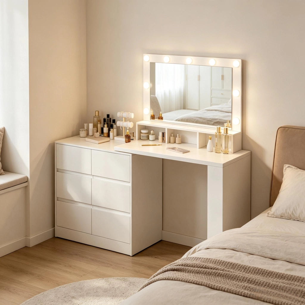Toeletta con specchio LED regolabile; 6 cassetti e configurazione lineare o a L bianca 90 ¡Á 134.5 ¡Á 40 cm
