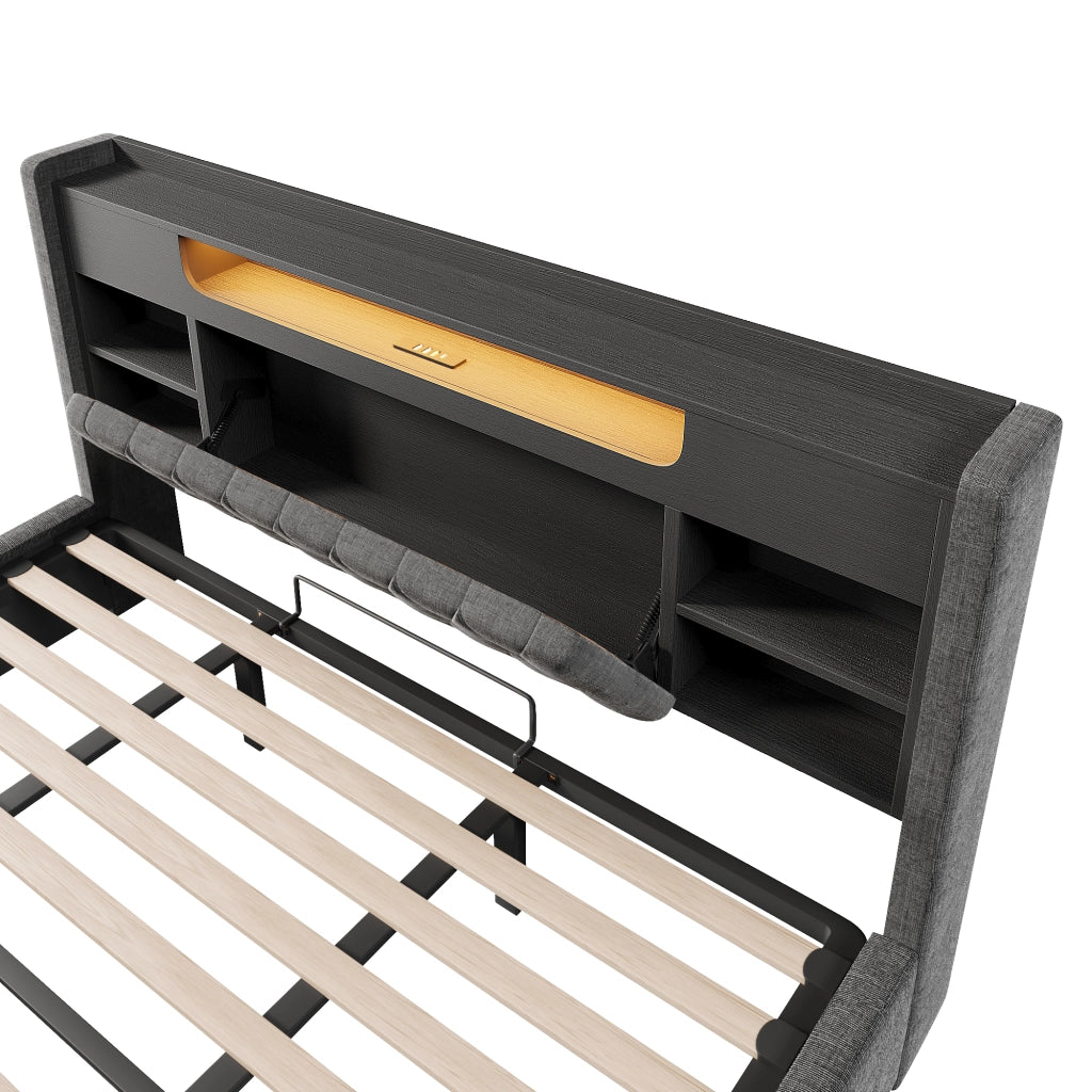 Letto matrimoniale contenitore 180 × 200 cm con LED USB e USB-C in lino grigio con testiera a ripiani