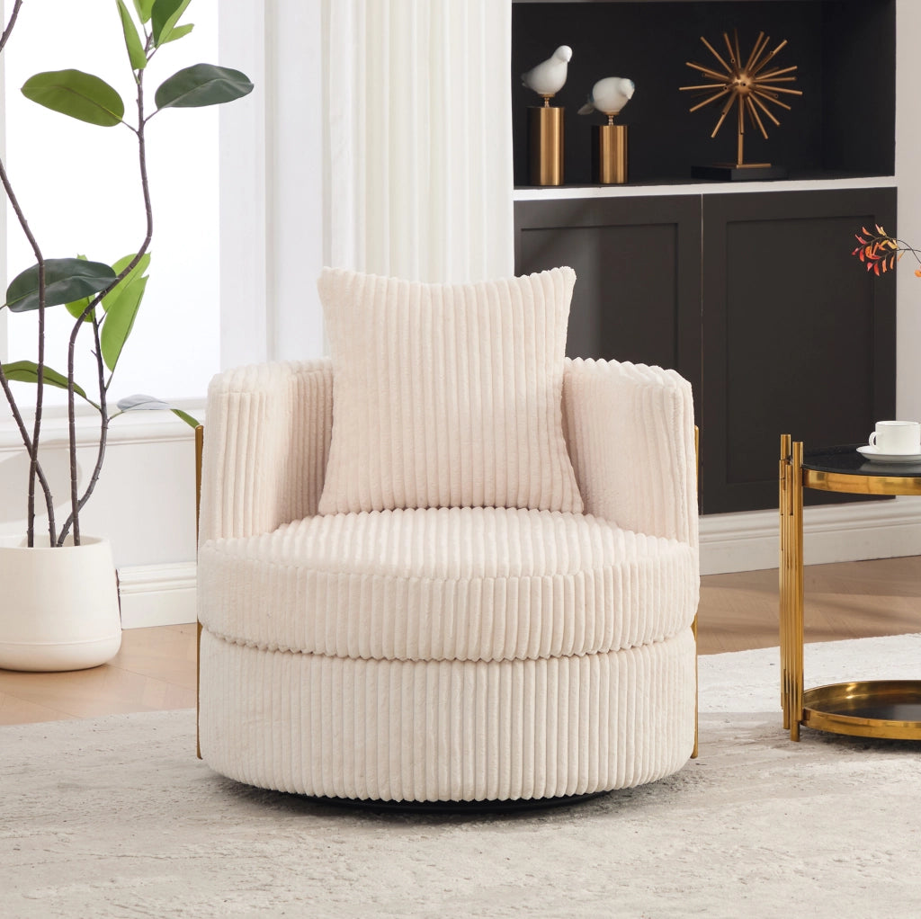 Poltrona girevole beige in velluto a coste con contenitore