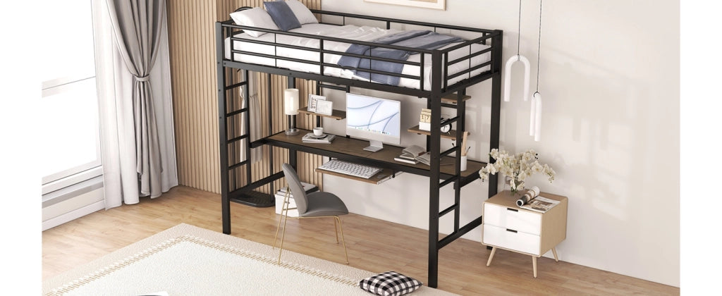 Letto a soppalco 90 × 200 cm in metallo nero con scrivania due scaffali e ripiano per tastiera bambini