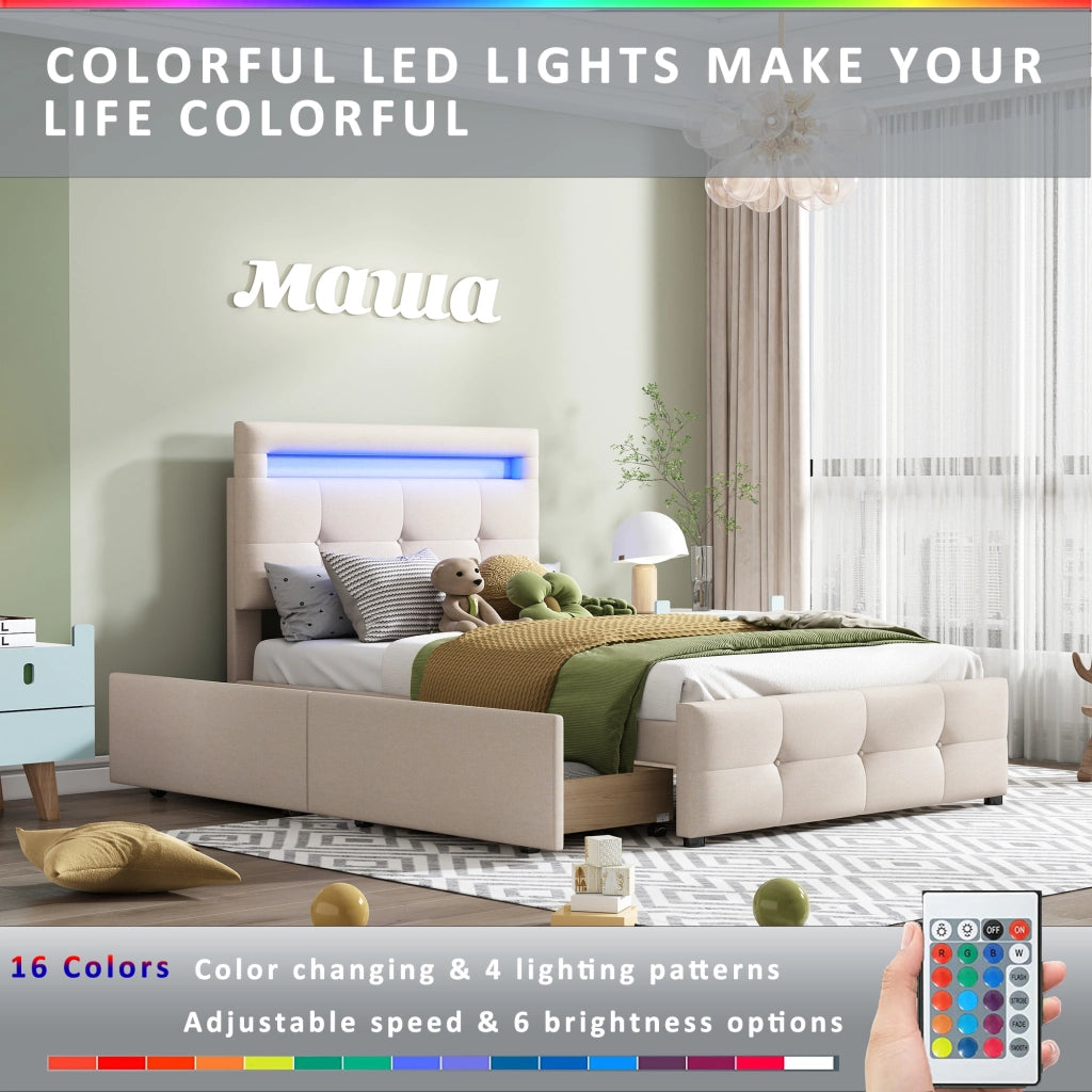 Letto con cassetti con LED e testiera regolabile imbottito beige con rete a doghe 210 × 99 × 100 106 cm
