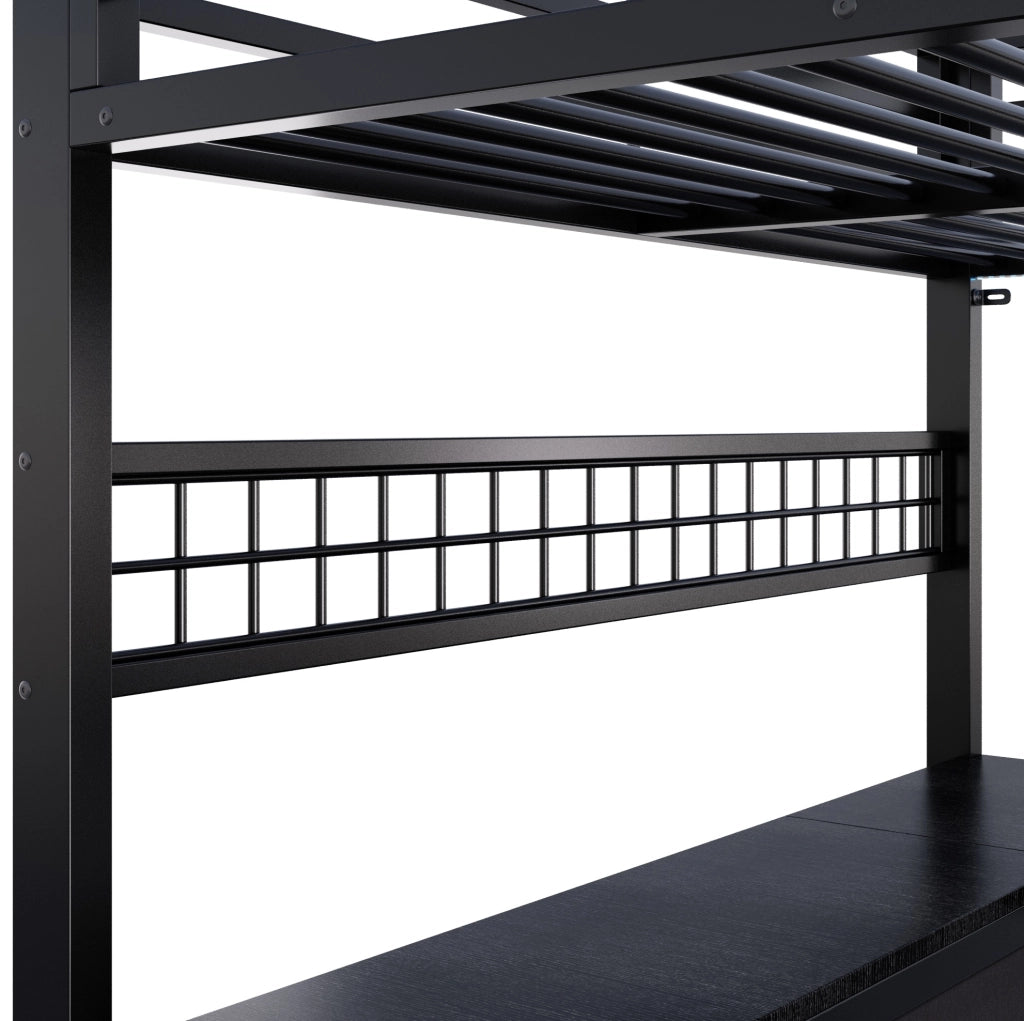 Letto a castello in metallo 140x200 cm con scrivania, cassetti, ripiani e illuminazione LED, colore nero