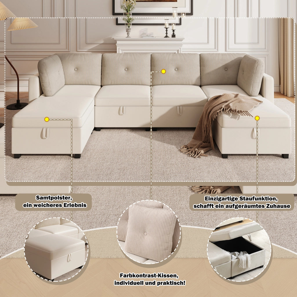 Divano modulare a U 6 moduli con contenitore e cuscini; in velluto e corduroy beige