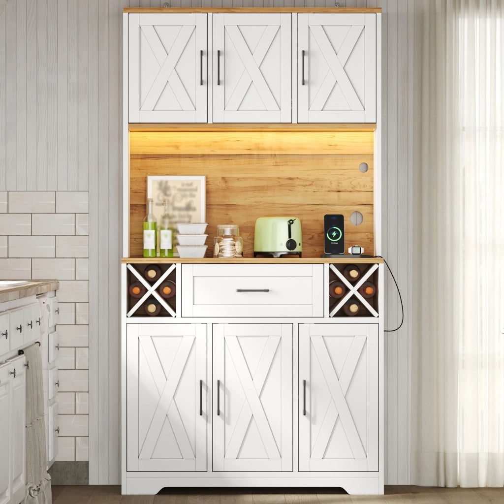 Credenza da cucina 105x40x180 cm con LED RGB e portabottiglie in MDF naturale e bianco