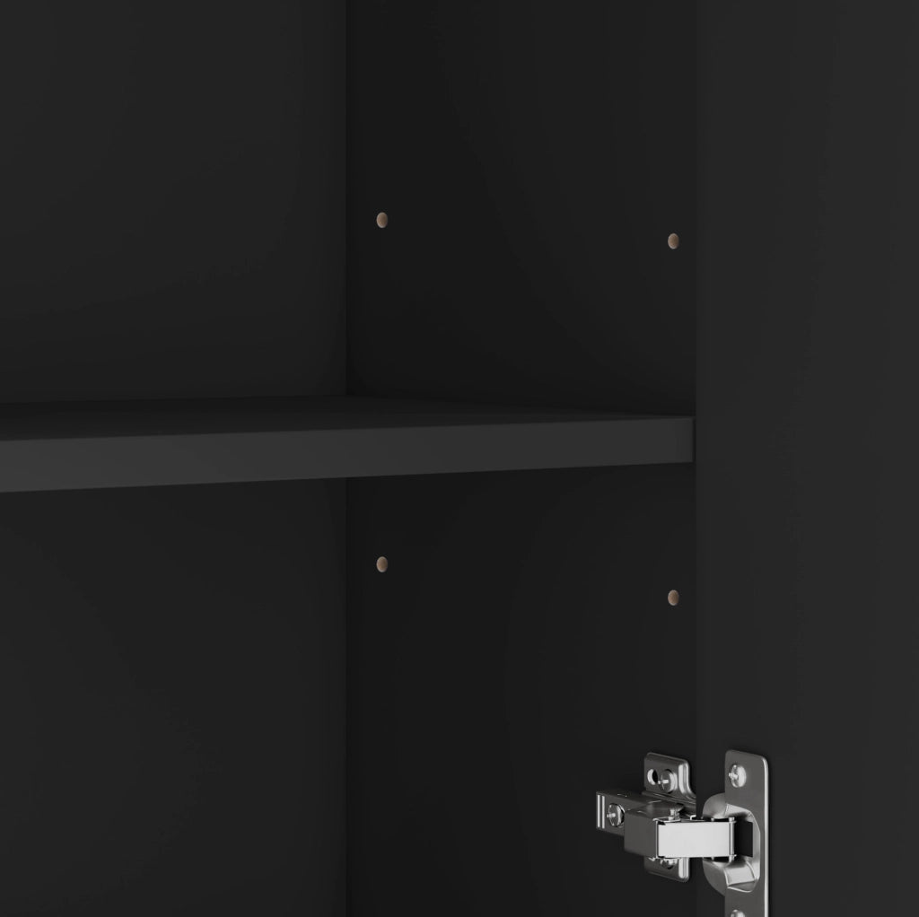 Mobile bagno nero da 38x26x172,5 cm in MDF con 3 cassetti, ripiani regolabili e anta, verniciato per resistenza all'umidità