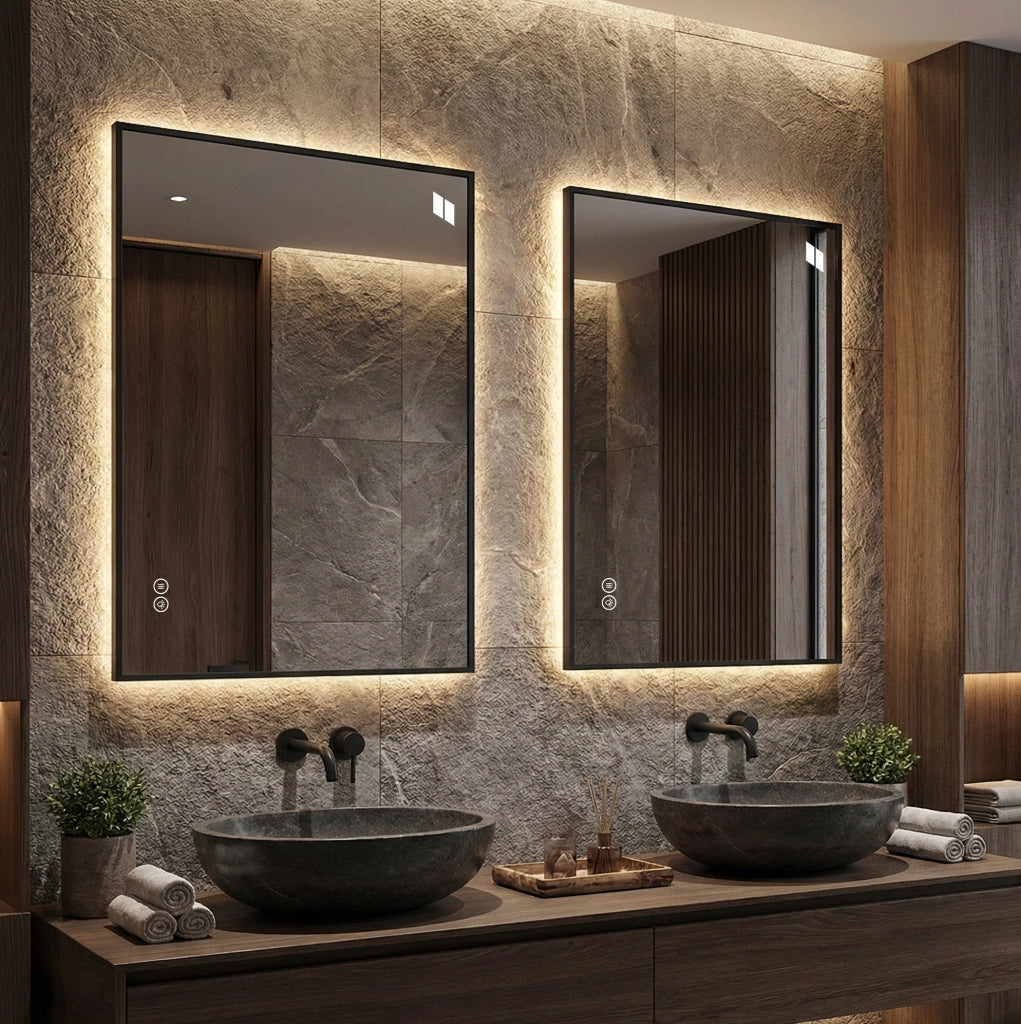 Specchio da bagno LED 50x70 cm con cornice in alluminio, retroilluminato, antiappannamento, 3 temperature luce, dimmerabile e funzione memoria