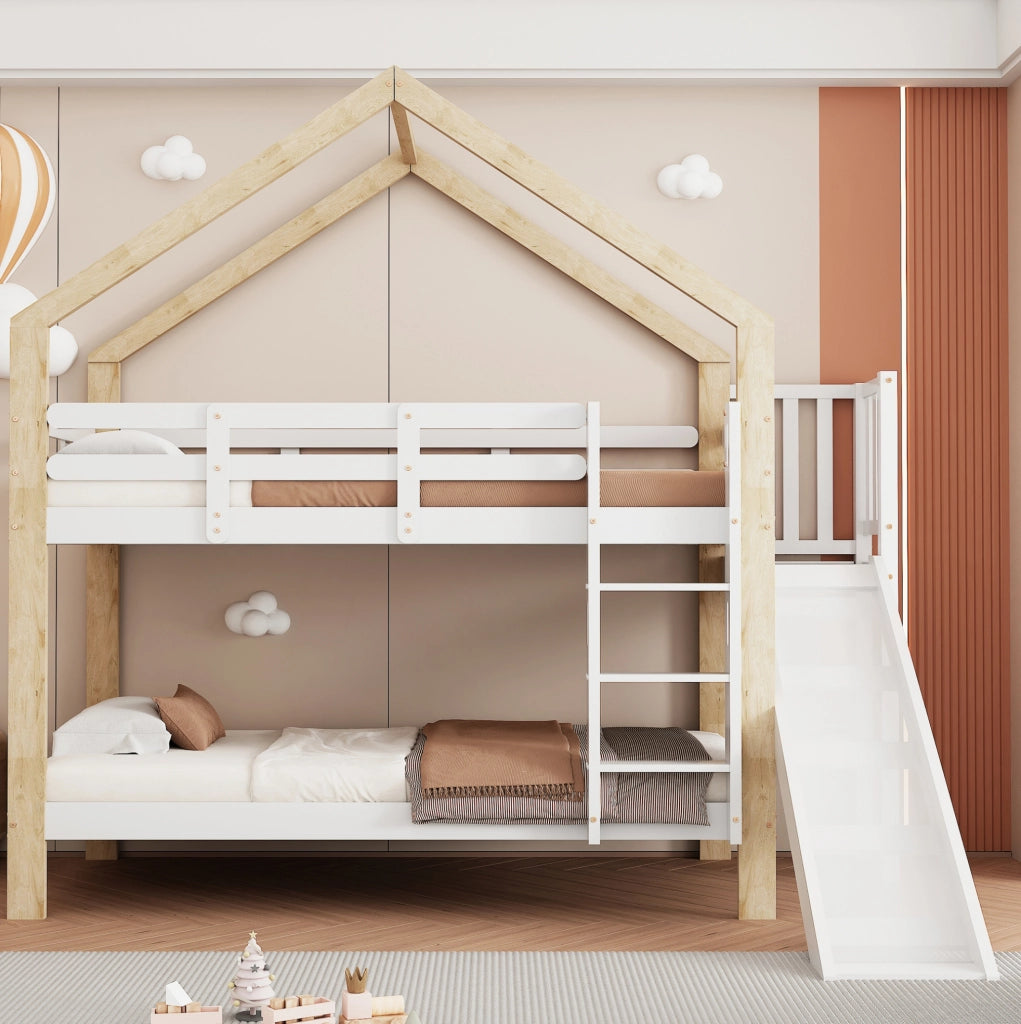 Letto a castello a casetta 90x200 cm con scivolo, scala e protezioni