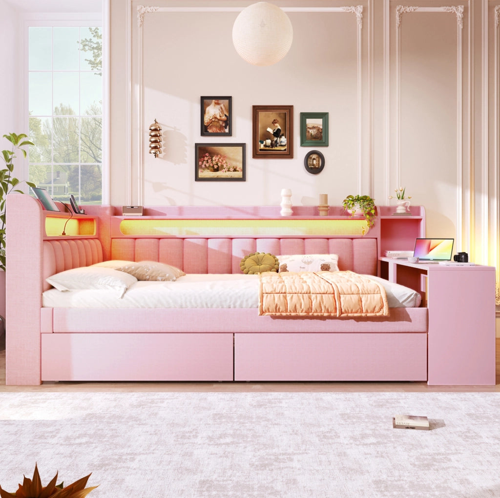 Daybed imbottito 140x200 con USB; LED; scrivania e 2 cassetti; rosa