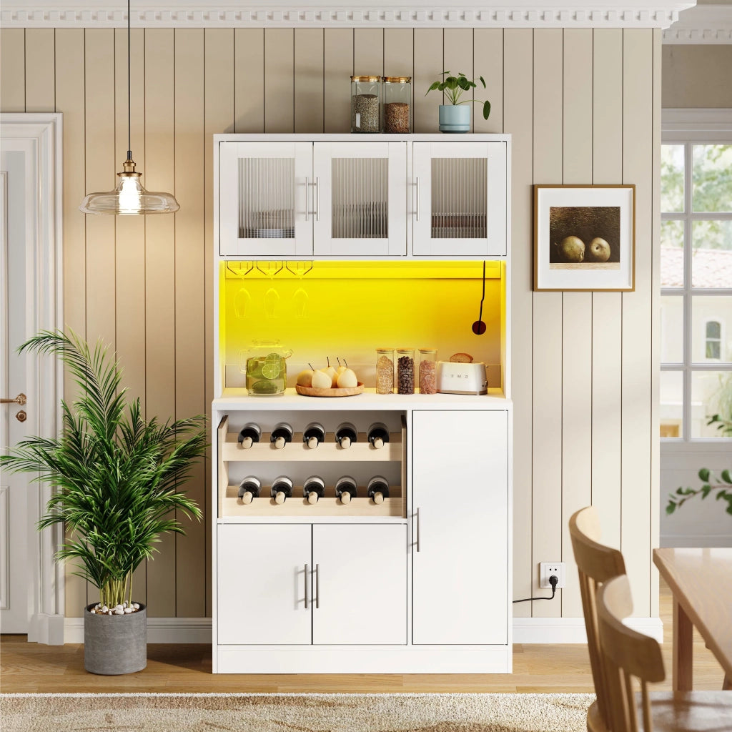 Dispensa da cucina bianca 100x40x180 cm con ante in vetro, LED RGB e presa elettrica, portabicchieri e scaffale vino, mobile alto moderno