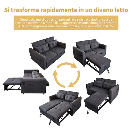 Divano letto 3 in 1 a 2 posti 142 cm con schienale reclinabile e porte USB integrate; tessuto effetto lino; grigio