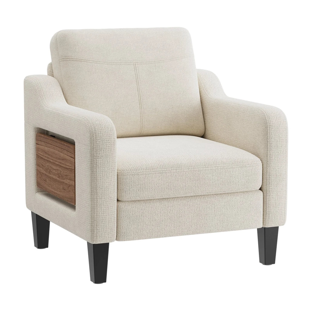 Poltrona moderna in tessuto di lino con tavolino pieghevole e vano portaoggetti laterale, seduta ergonomica con memory foam, versatile stile Mid-Century, facile da spostare