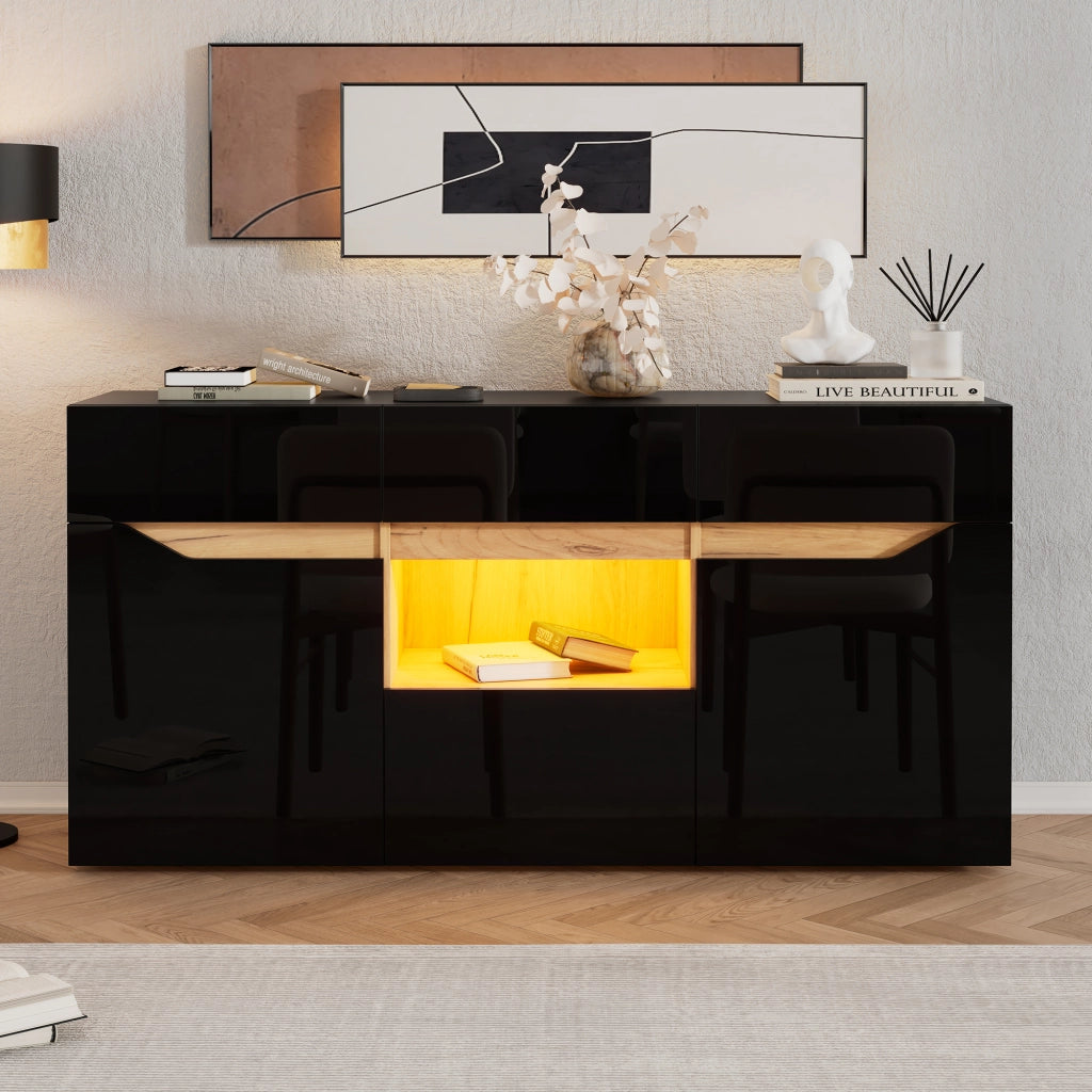 Credenza Soggiorno con LED ¨C Xylo ¨C 4 Cassetti, Legno e Nero Lucido, 140x40x70 cm