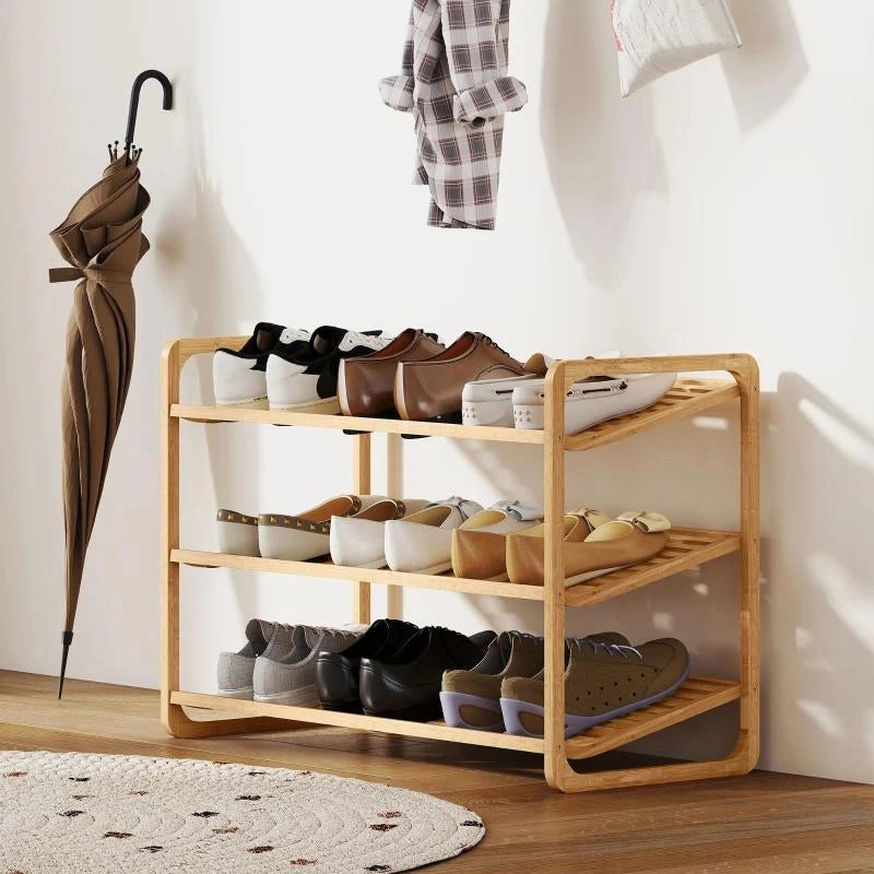 SCAFFALE SCARPIERA A 3 LIVELLI PER 12 SCARPE CON RIPIANI A DOGHE IN BAMB¨, 76X33X50.8 CM, COLORE LEGNO