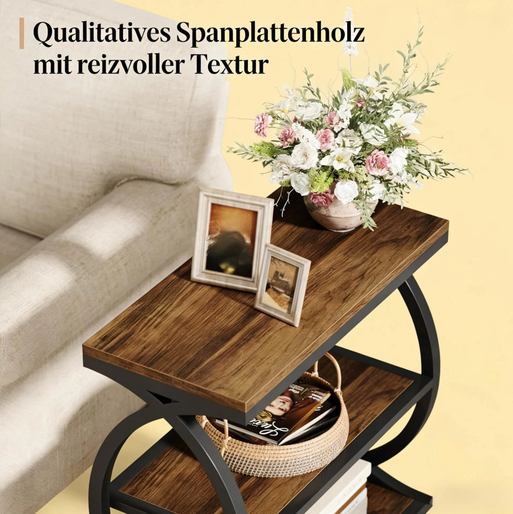 Tavolino Laterale in Stile Rustic Industrial 60 cm con Ripiani Aperti Nero e Legno
