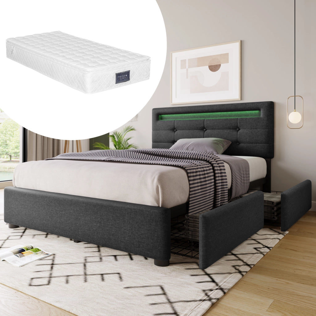 Letto singolo con cassetti 90 × 200 cm con LED e testiera regolabile rivestito in lino grigio