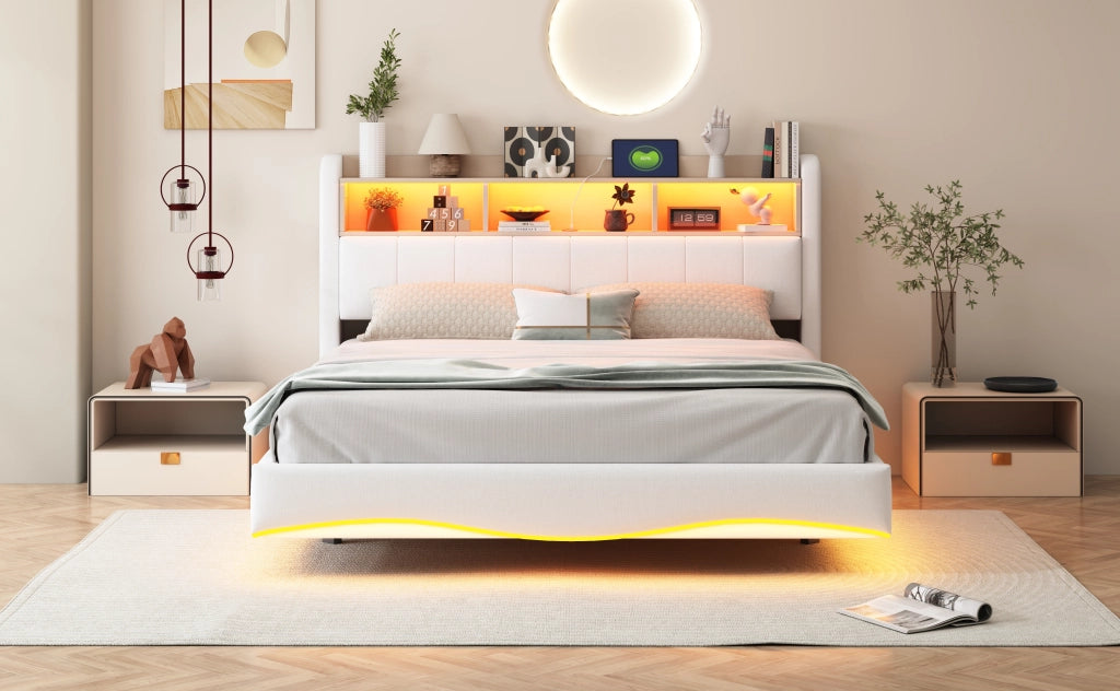 Letto imbottito sospeso 160x200 con luce LED; prese USB e Type-C; beige