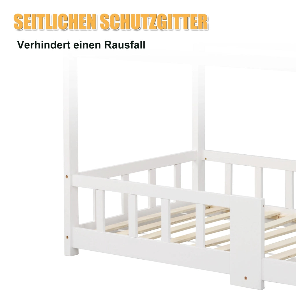 DESMIU Letto casetta bambino 90 × 200 cm con lavagna, sponda di sicurezza, senza materasso, legno massello, bianco