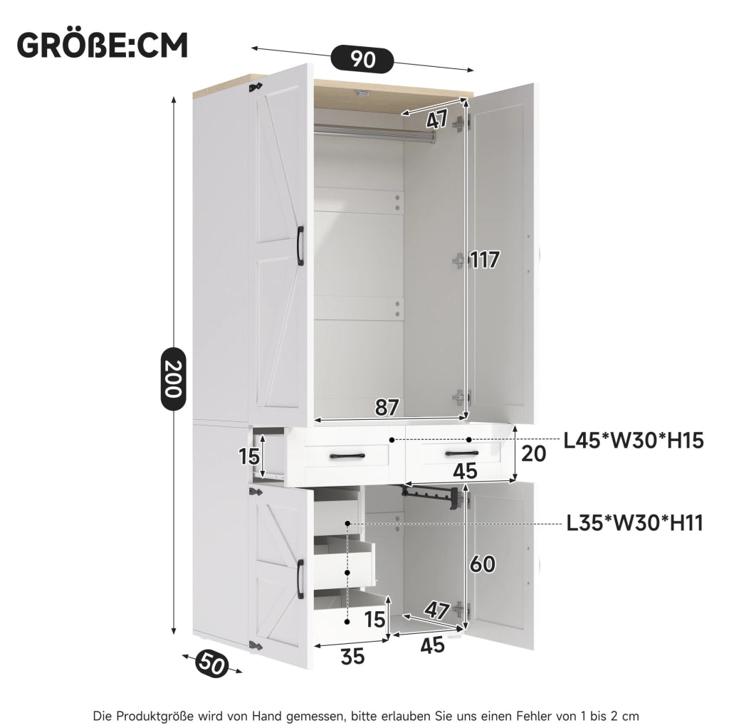 Armadio con 4 ante, 2 bastoni appenderia e 5 cassetti, 90x50x200 cm, stile country bianco