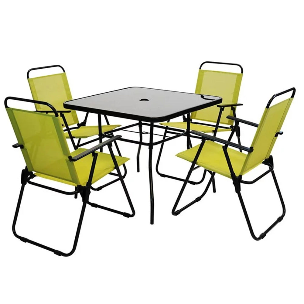 Set da Pranzo 6 Pezzi per Giardino Patio con Ombrellone 4 Sedie Pieghevoli Verde