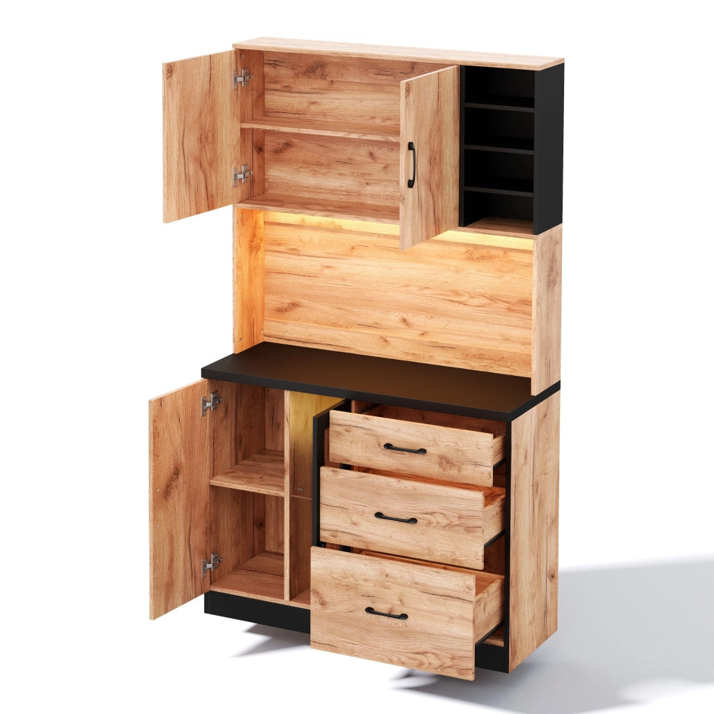 Credenza da cucina alta con LED, 3 cassetti, vano vetrina, ripiani regolabili e prese, in MDF, 105 × 40 × 180 cm