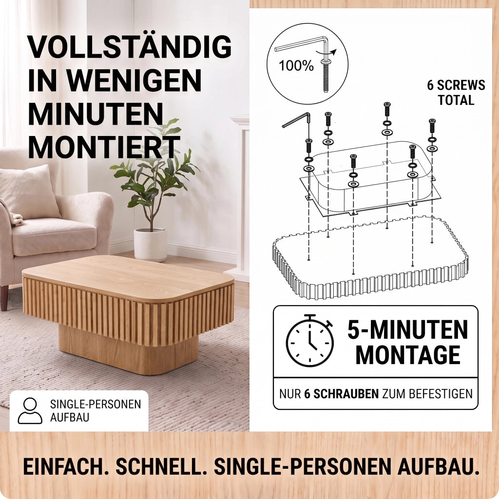 Tavolino basso fisso con vano contenitore nascosto e piano rimovibile in MDF effetto legno naturale