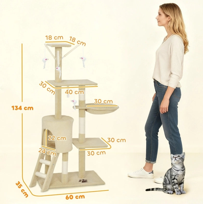Tiragraffi beige con cuccia, piattaforme e giochi per gatti