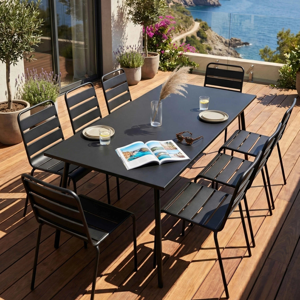 Oviala - Tavolo da giardino e 8 sedie in metallo Nero