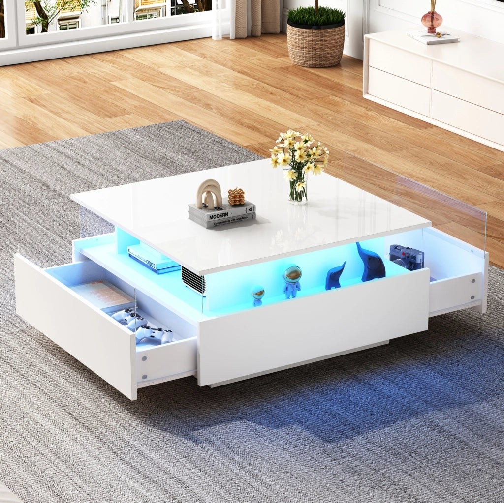 Tavolino da caff¨¨ 70x70x41 cm con LED, 2 cassetti in truciolare bianco