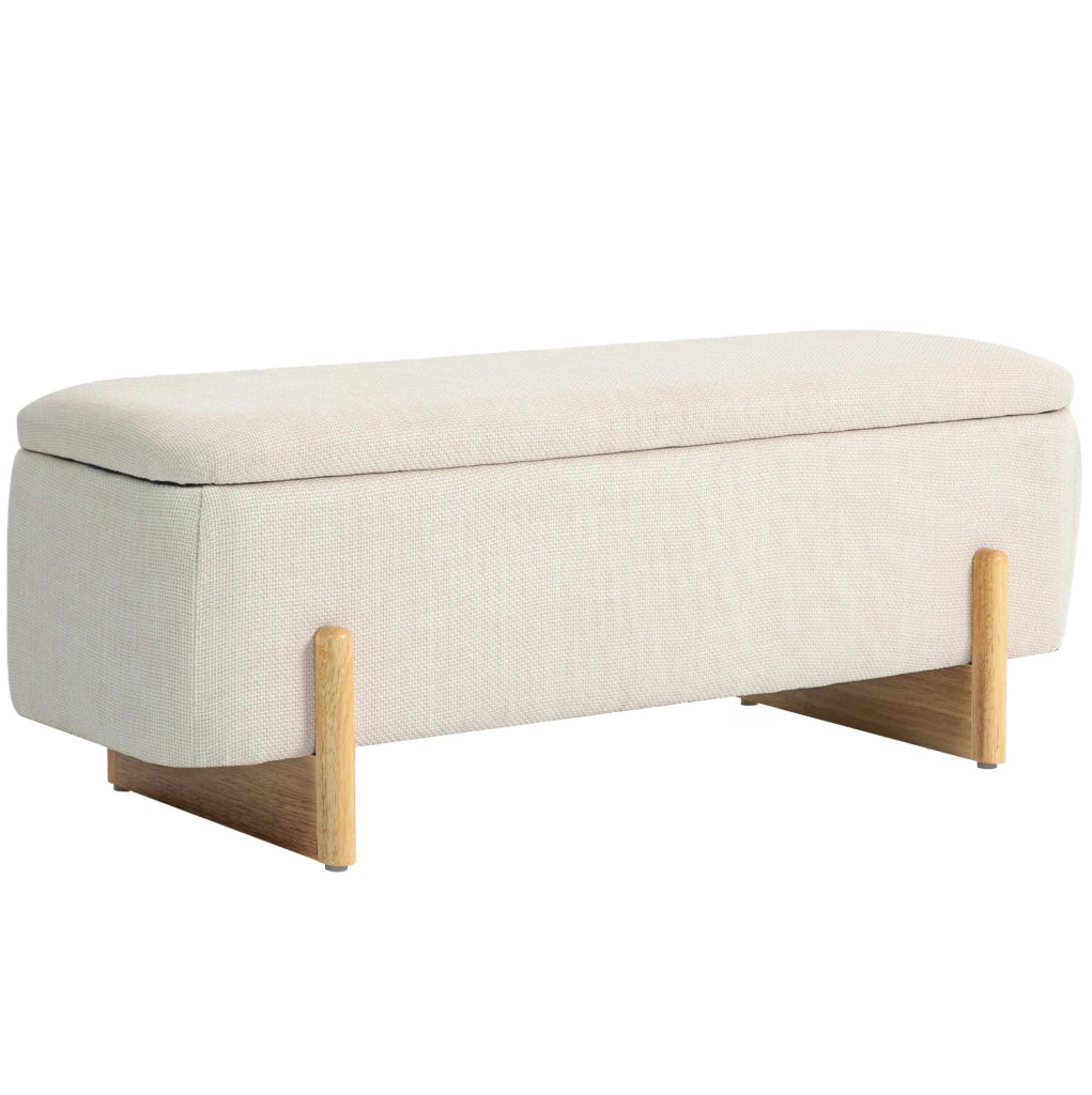 Panca contenitore imbottita in effetto lino con gambe in legno di faggio, 111x44x44,5 cm, capacità 150 kg