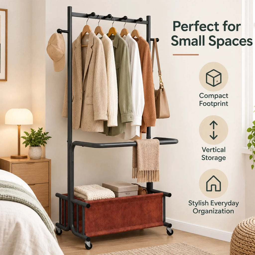 Appendiabiti in metallo con ruote, design multi-gancio e grande cesto porta indumenti in tessuto. Versatile per camera da letto, ingresso e lavanderia