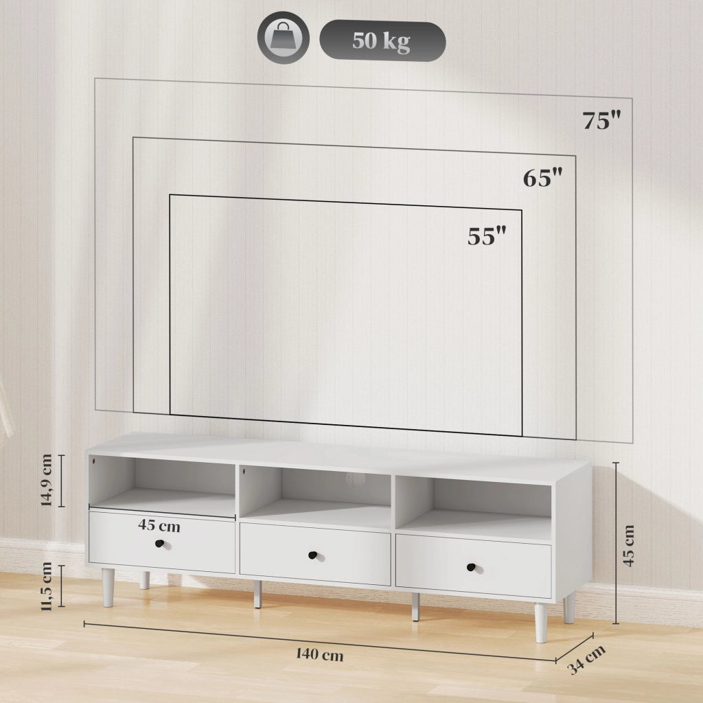 Mobile TV con 3 cassetti e 3 ripiani aperti ¨C Minimal ¨C Bianco 120x30x50 cm
