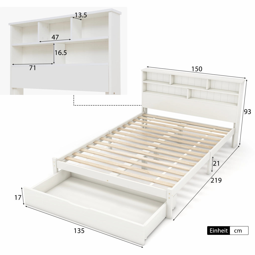 Letto matrimoniale 140x200 cm in legno massello bianco con cassetti e testiera libreria