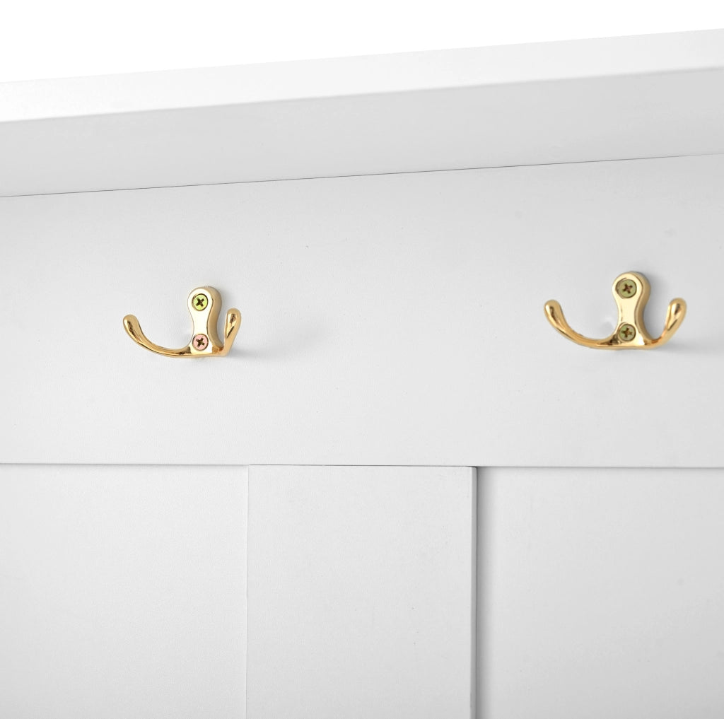 Appendiabiti con panca porta scarpe bianco 120×40×191 cm con 6 ganci tripli, design salvaspazio per ingresso e corridoio