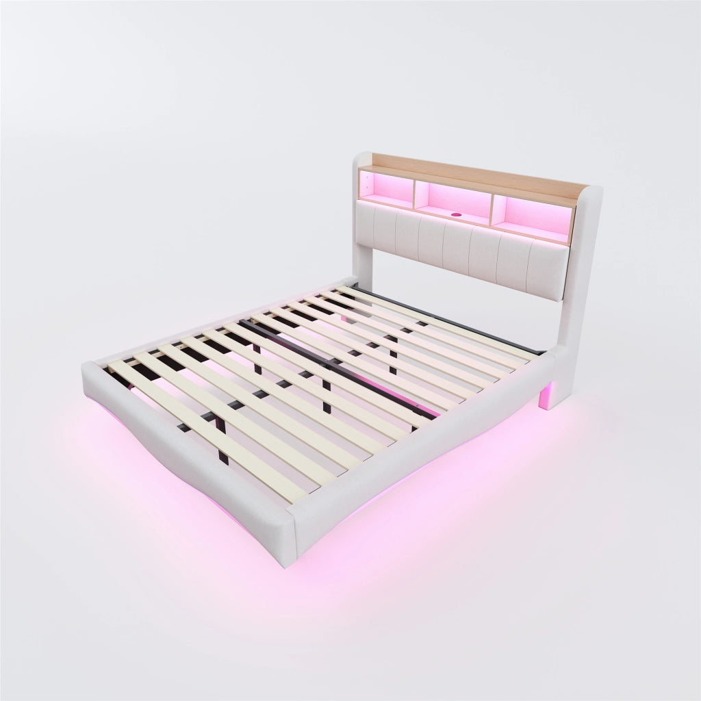 Letto imbottito sospeso 160x200 con luce LED; prese USB e Type-C; beige